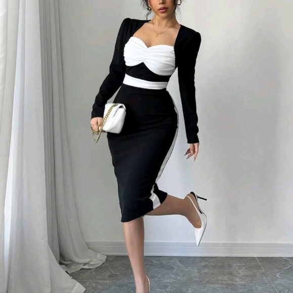 Sexy Black & White Color Block Square Neck Long Sleeve Bodycon Dress - Picture 2 of 5